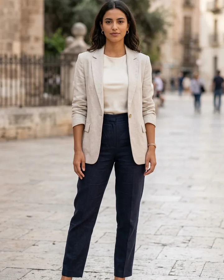 Woman wearing a light linen blazer before virtual jacket and coat try-on