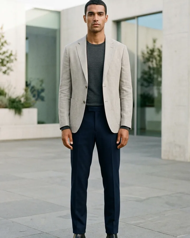 Man wearing a light linen blazer before virtual coat try-on