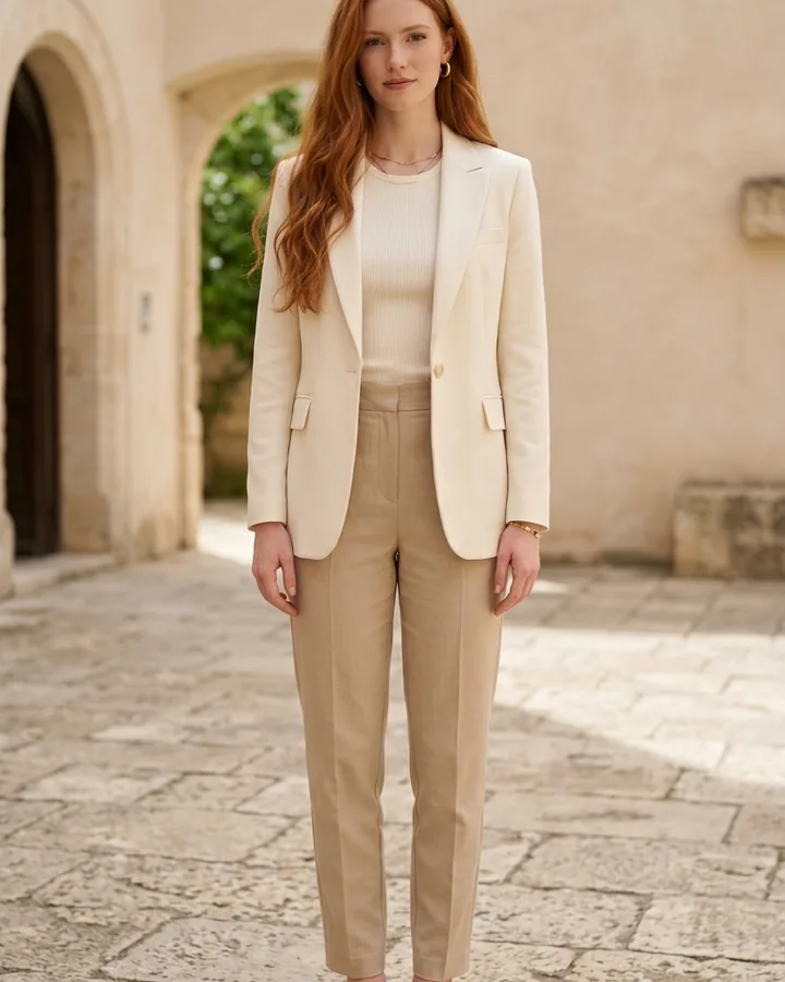 Woman wearing beige tailored trousers before virtual skirt try-on