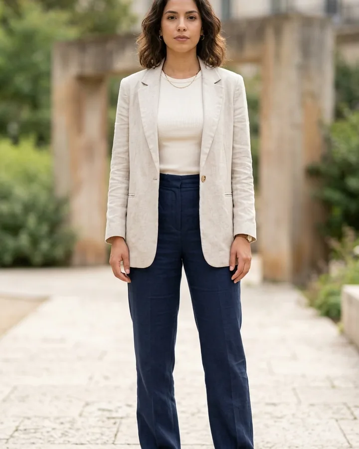 Woman wearing a blazer and navy trousers before virtual wedding dress try-on