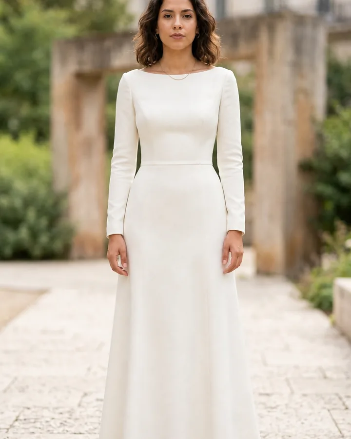 Same woman wearing an ivory long-sleeve A-line wedding dress after AI bridal preview