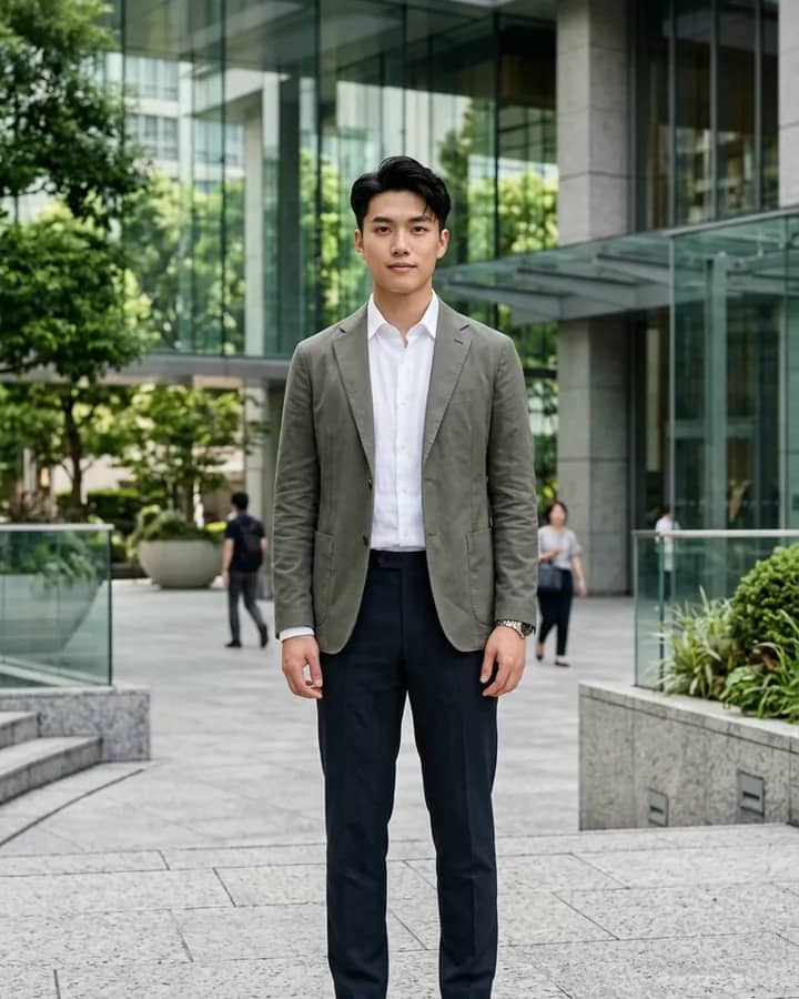 Man wearing a blazer and tailored trousers before building an outfit with AI