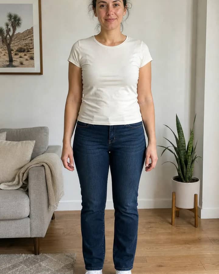 Woman wearing a plain cream T-shirt and jeans before virtual sweater try-on