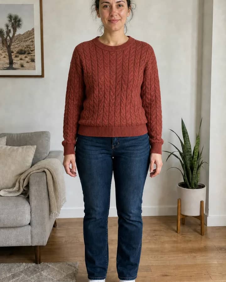 Same woman wearing a rust-red cable-knit sweater and jeans after AI clothes try-on