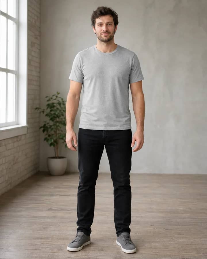 Man wearing a gray T-shirt and black jeans before virtual hoodie try-on