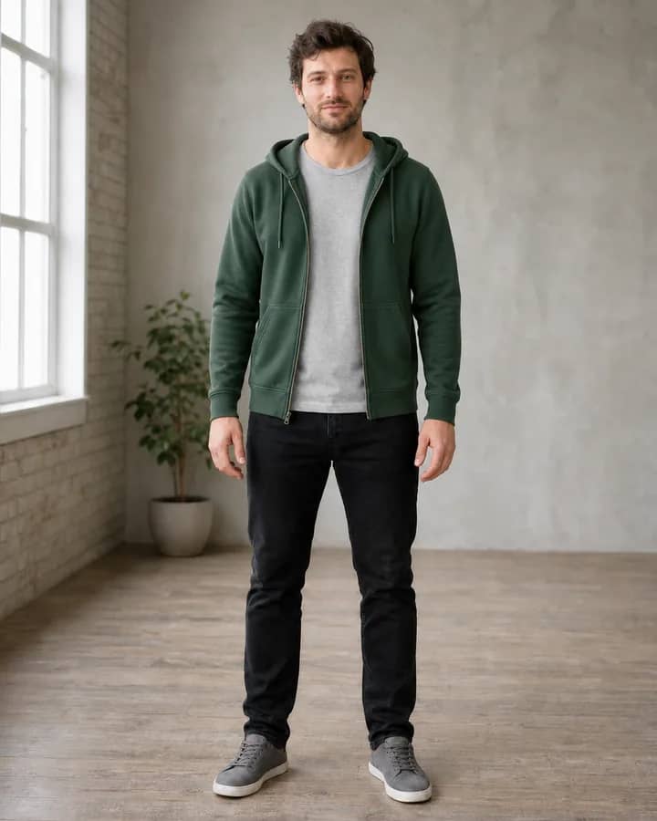 Same man wearing a forest-green zip hoodie over his gray T-shirt after AI clothes try-on