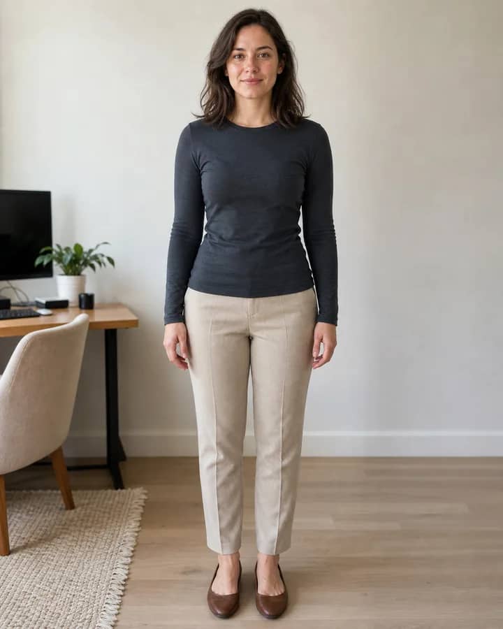 Woman wearing a charcoal crew-neck top and beige trousers before virtual blouse try-on