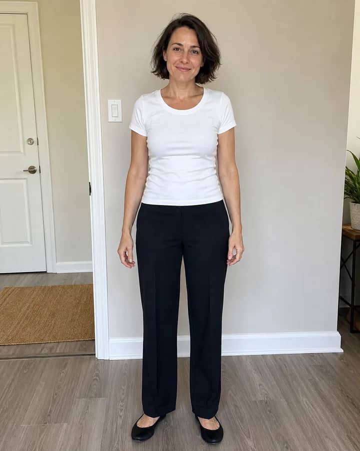 Woman wearing a plain white T-shirt and dark trousers before virtual top try-on