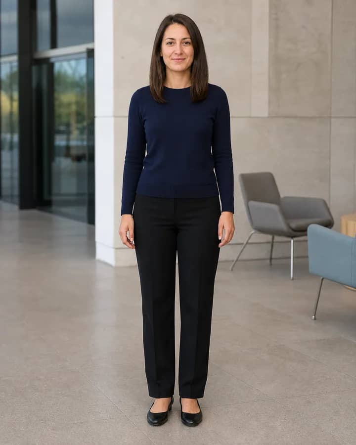 Woman wearing a navy knit top and black trousers before previewing a job interview outfit