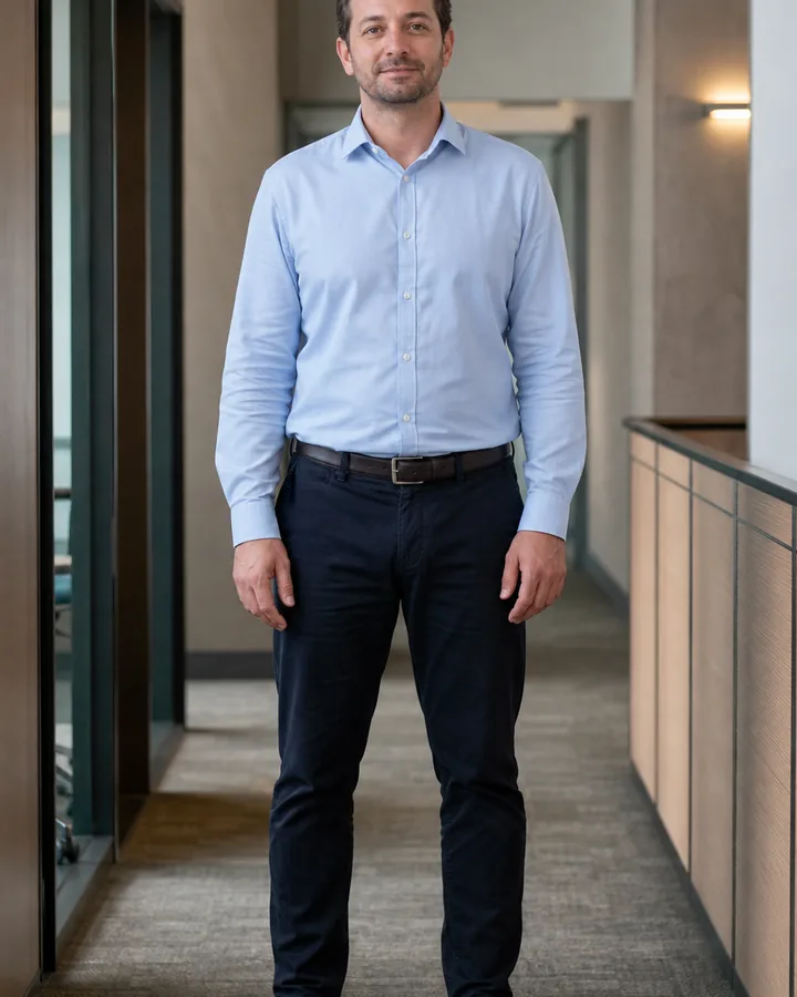 Man wearing a pale-blue shirt and dark chinos before previewing a job interview outfit