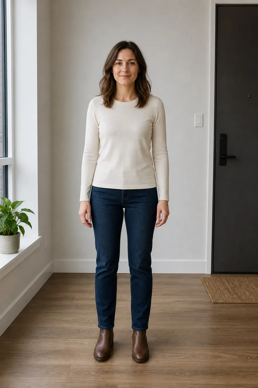 Woman wearing a cream top, dark jeans, and ankle boots before previewing a winter outfit