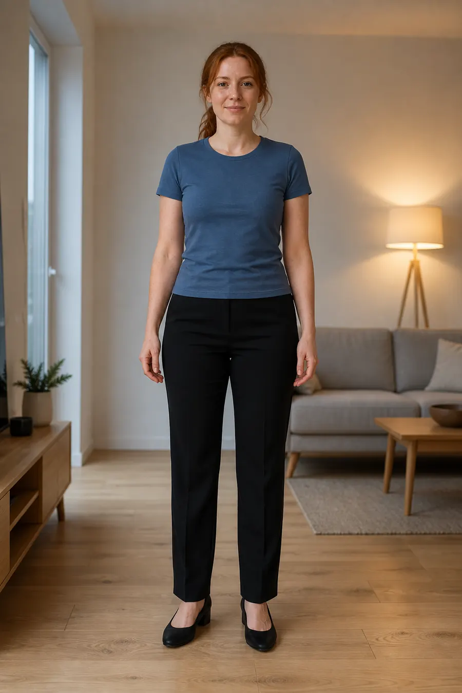 Woman wearing a muted-blue T-shirt, black trousers, and pumps before previewing a birthday outfit