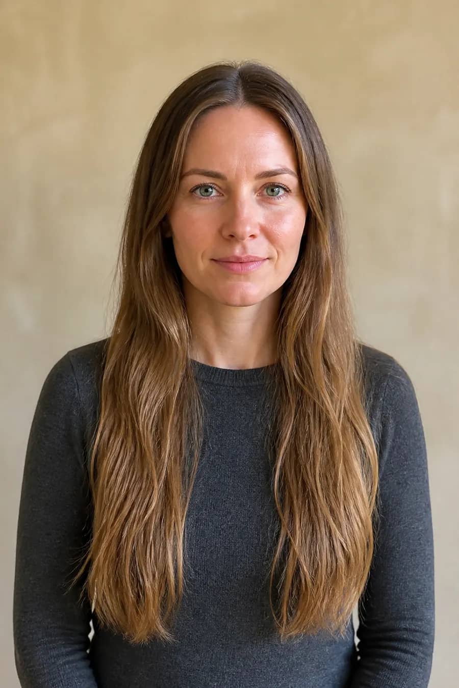 Woman with long dark-blonde hair before previewing a medium-length haircut