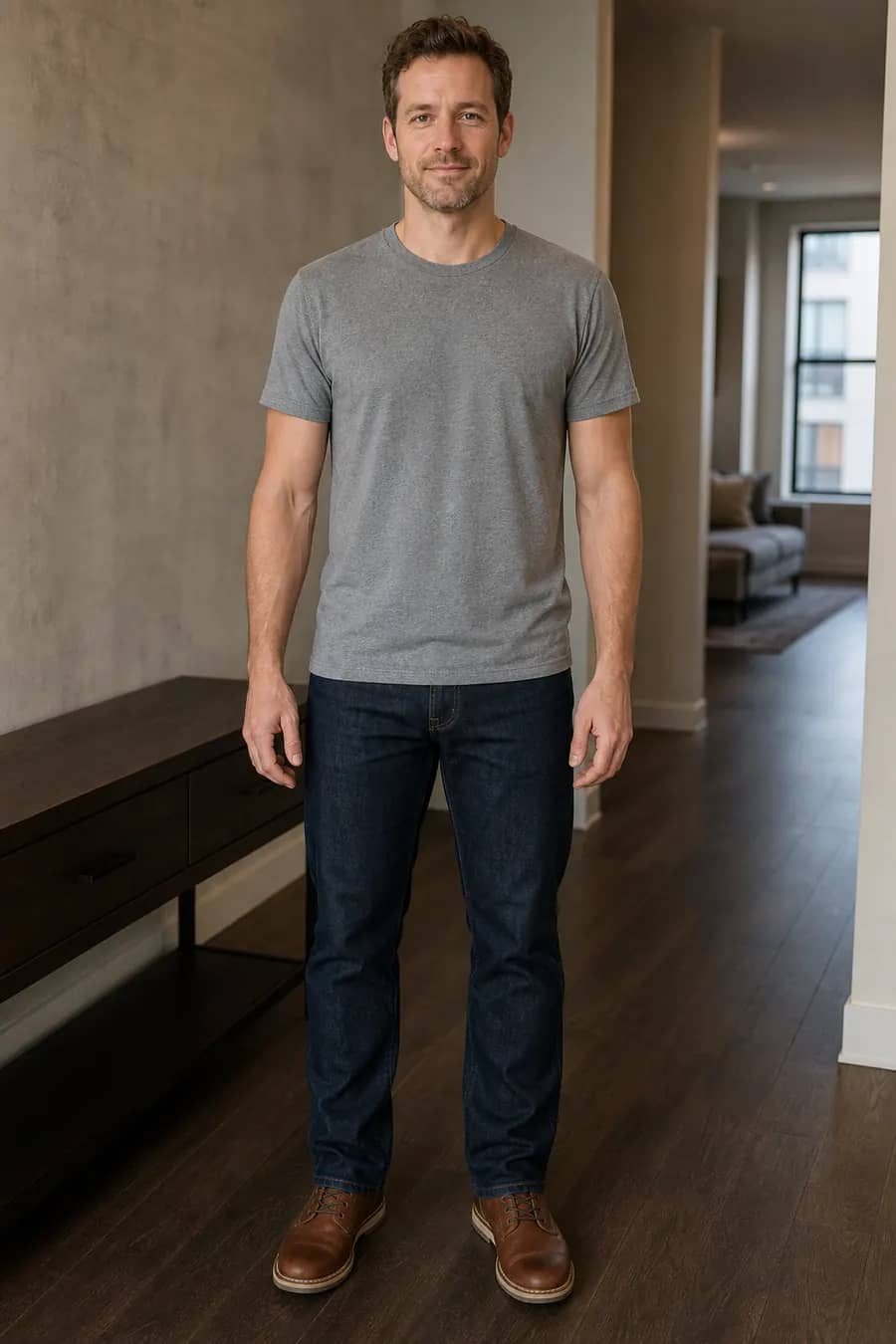 Man wearing a gray T-shirt, dark jeans, and brown shoes before previewing a date-night outfit