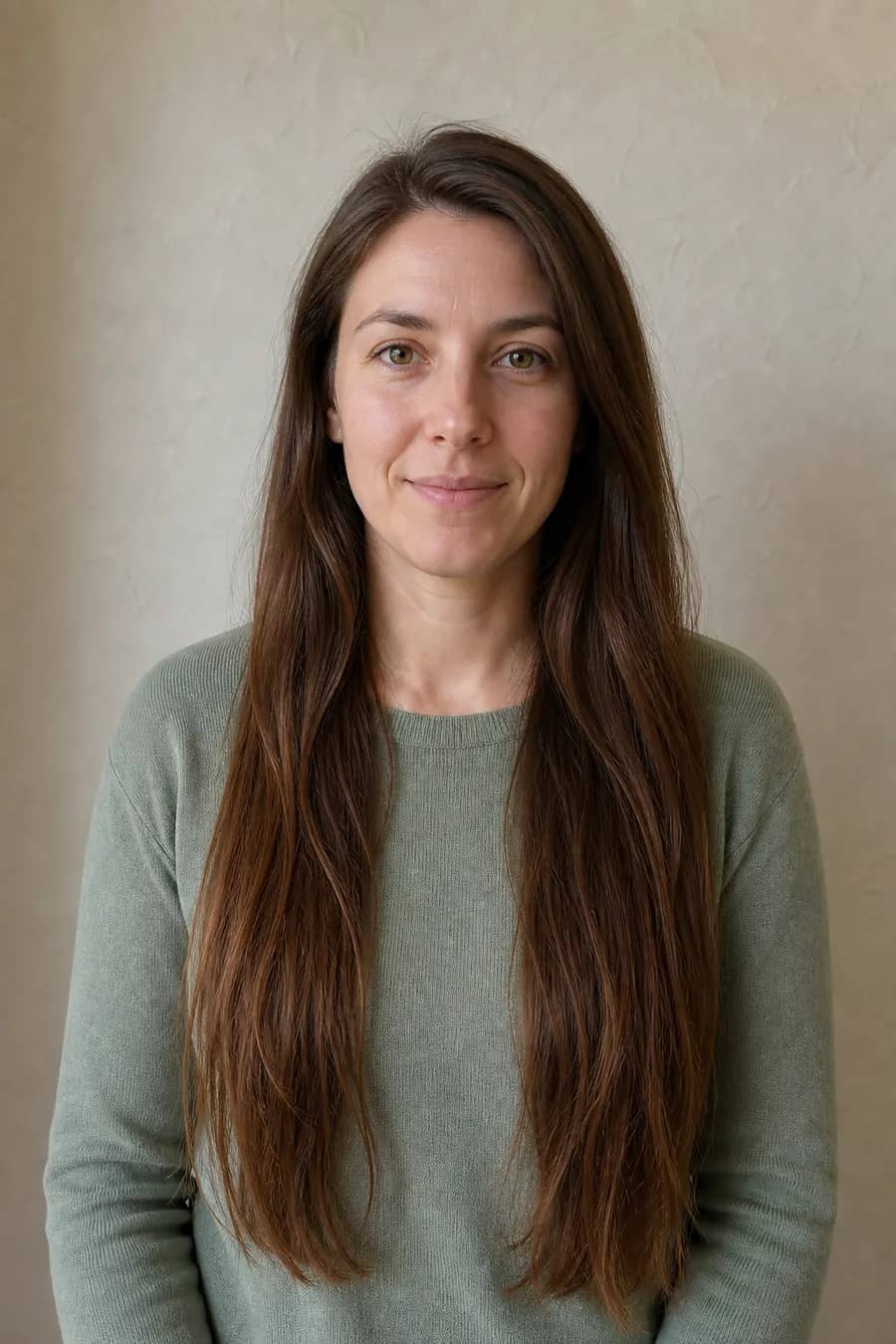 Woman with long mostly one-length chestnut hair before previewing layered styles