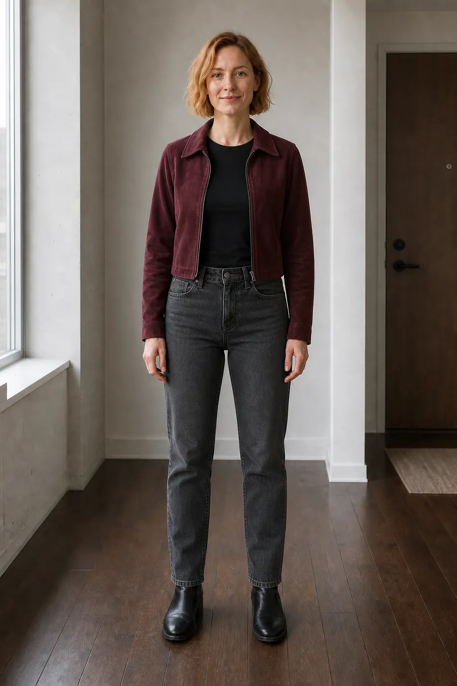 Same woman wearing a burgundy suede jacket, black top, charcoal jeans, and ankle boots after an AI concert outfit preview