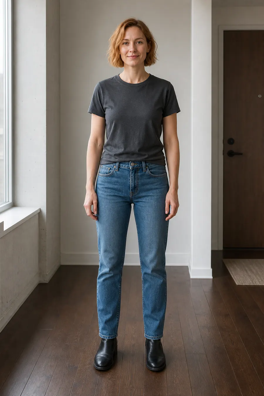 Woman wearing a charcoal T-shirt, blue jeans, and ankle boots before previewing a concert outfit
