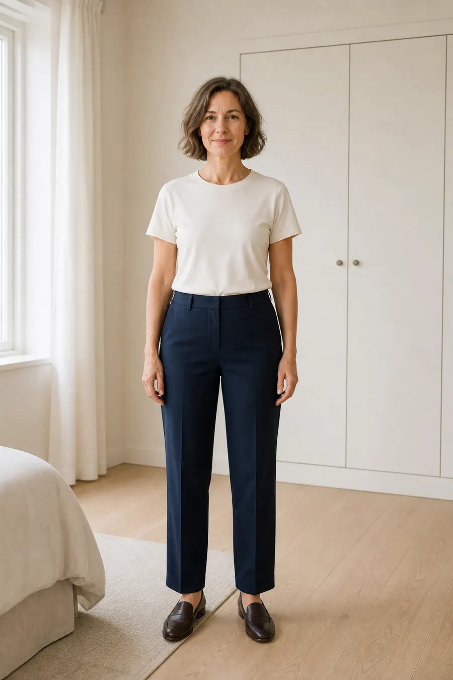 Woman wearing an ivory T-shirt, navy trousers, and loafers before planning a capsule wardrobe outfit