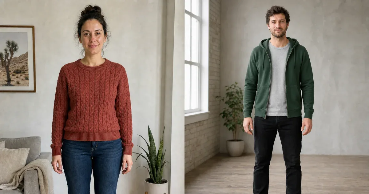 Woman in a rust cable-knit sweater and man in a green zip hoodie created as virtual clothing previews