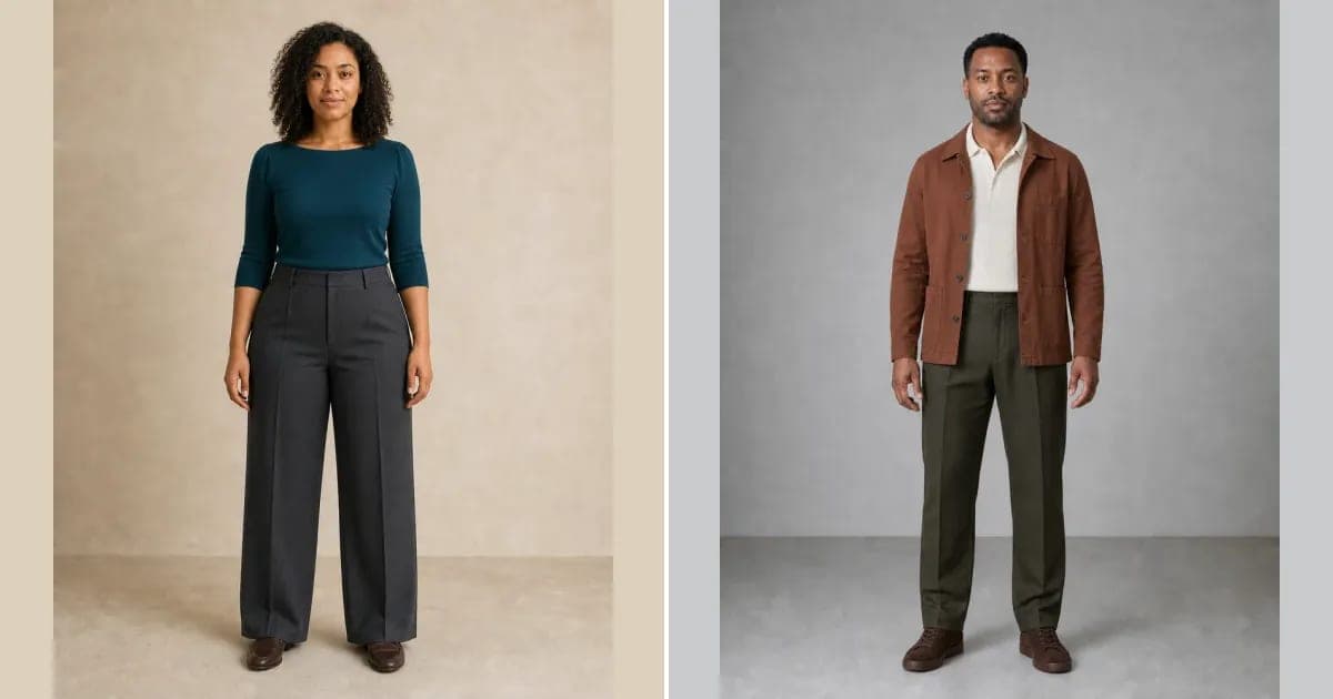 Woman and man comparing outfit silhouettes for their natural body proportions