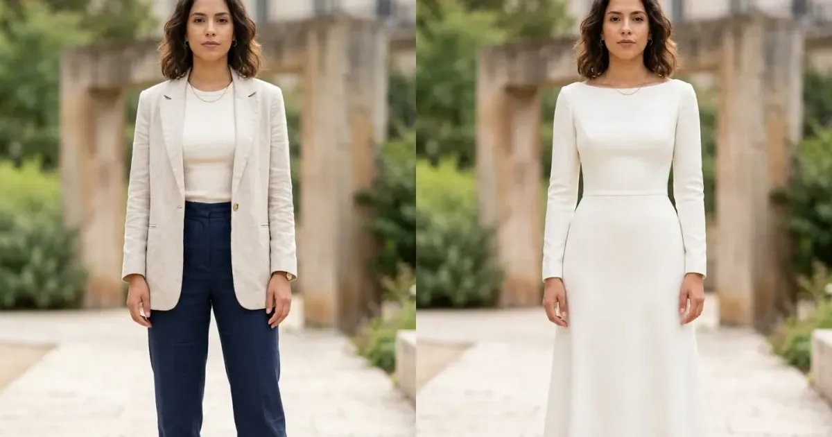 Before and after AI preview changing a tailored outfit into an ivory A-line wedding dress