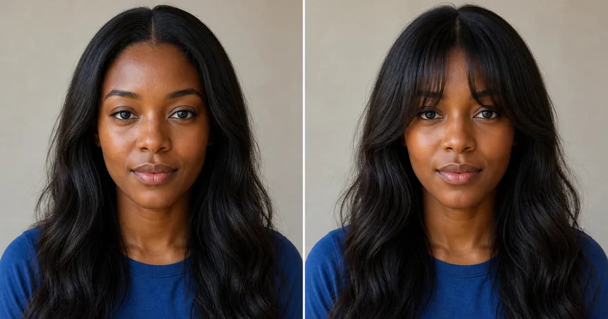 Black woman comparing an open center part with curtain bangs using an AI bangs preview
