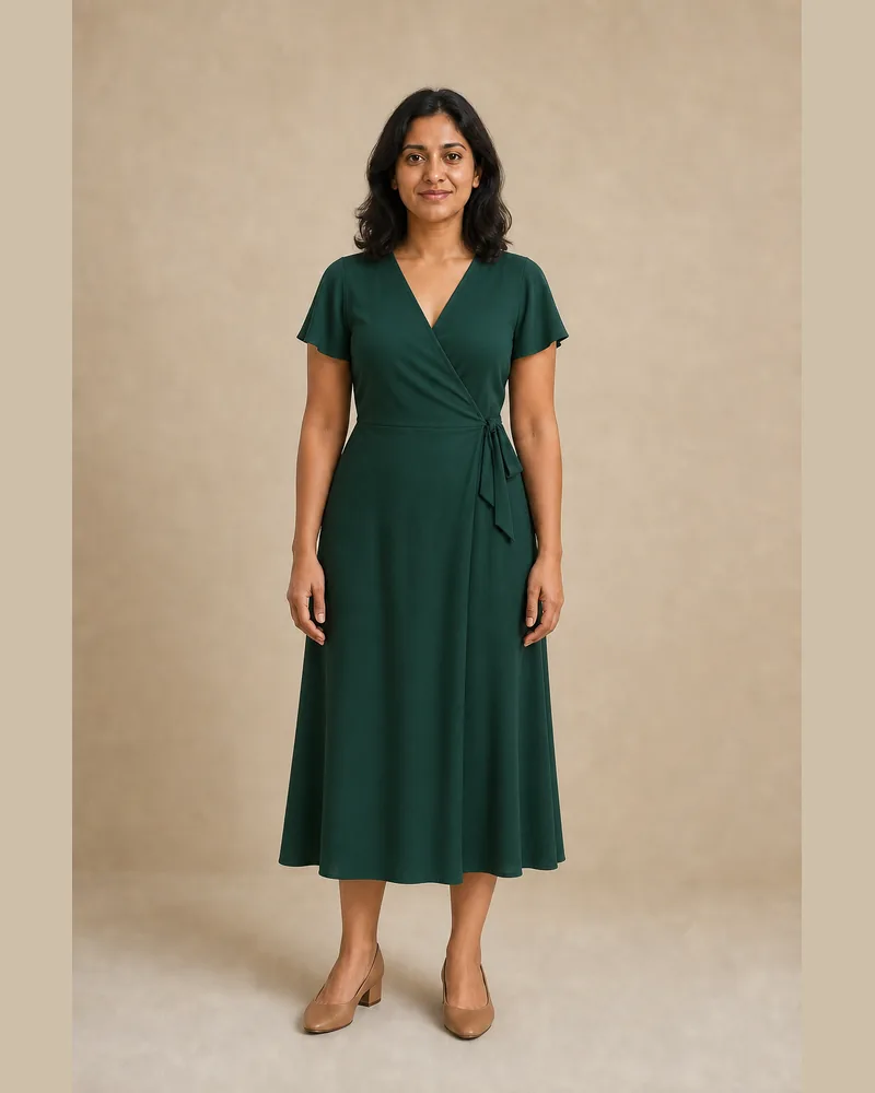 Same woman wearing an emerald wrap midi dress after AI dress try-on