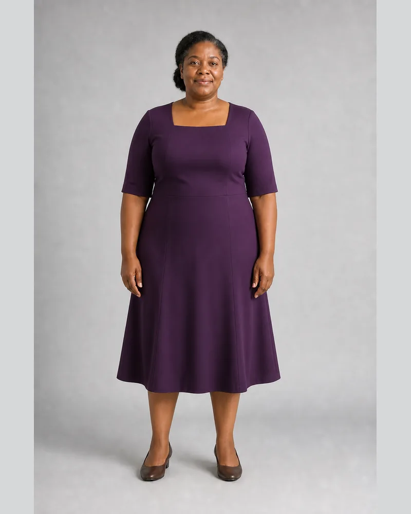 Same woman wearing a plum square-neck A-line midi dress after AI dress try-on
