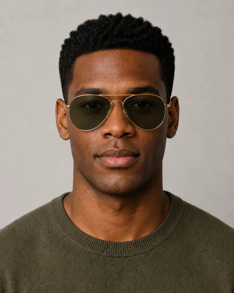 Same man wearing gold aviator sunglasses with green-gray lenses