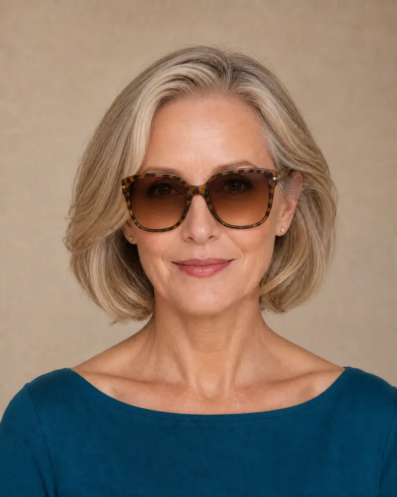Same woman wearing oversized tortoiseshell sunglasses with brown gradient lenses
