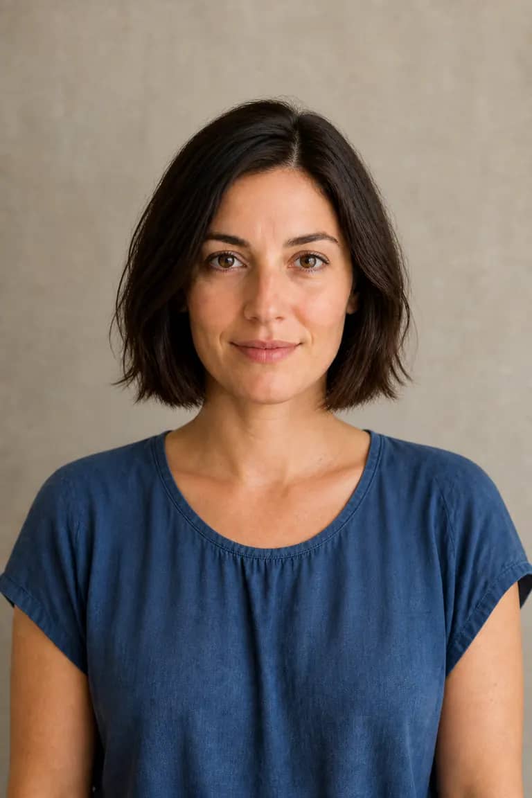 Same woman with a chin-length dark-brown textured bob after AI short hair try-on