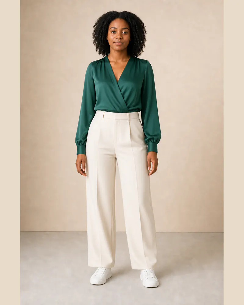 Same woman wearing an emerald wrap blouse and cream tailored trousers after an AI outfit change