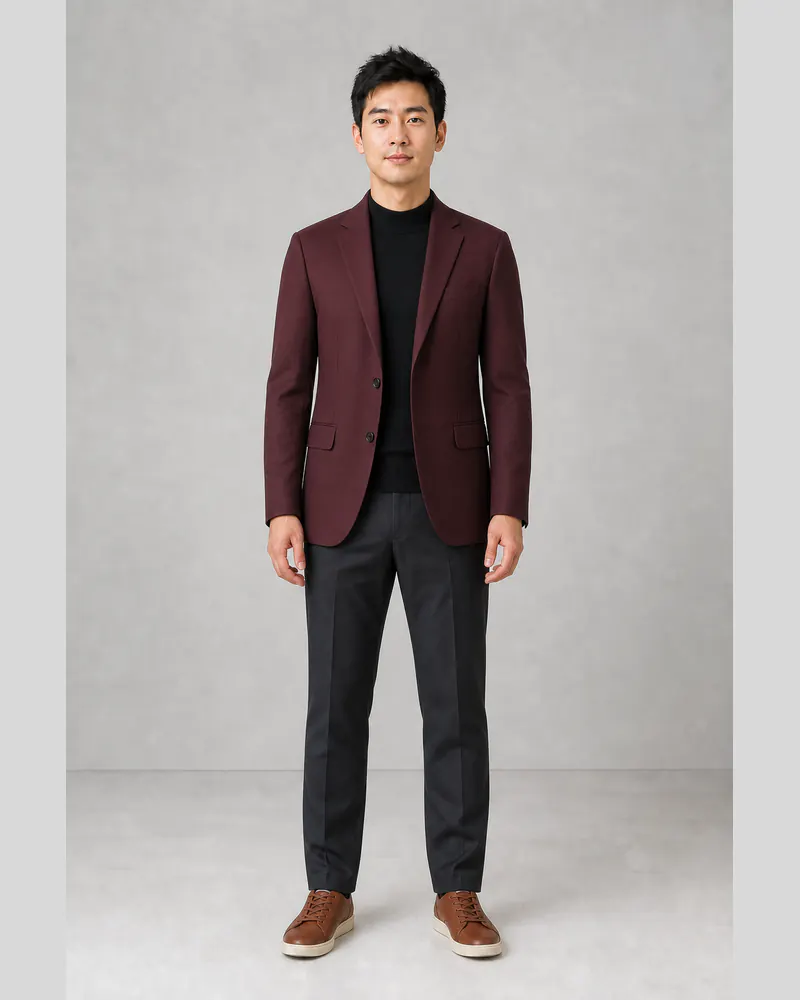 Same man wearing a burgundy blazer, black mock neck, and charcoal trousers after an AI outfit change