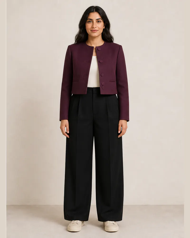 Same woman wearing a plum cropped jacket and black wide-leg trousers after AI clothes try-on