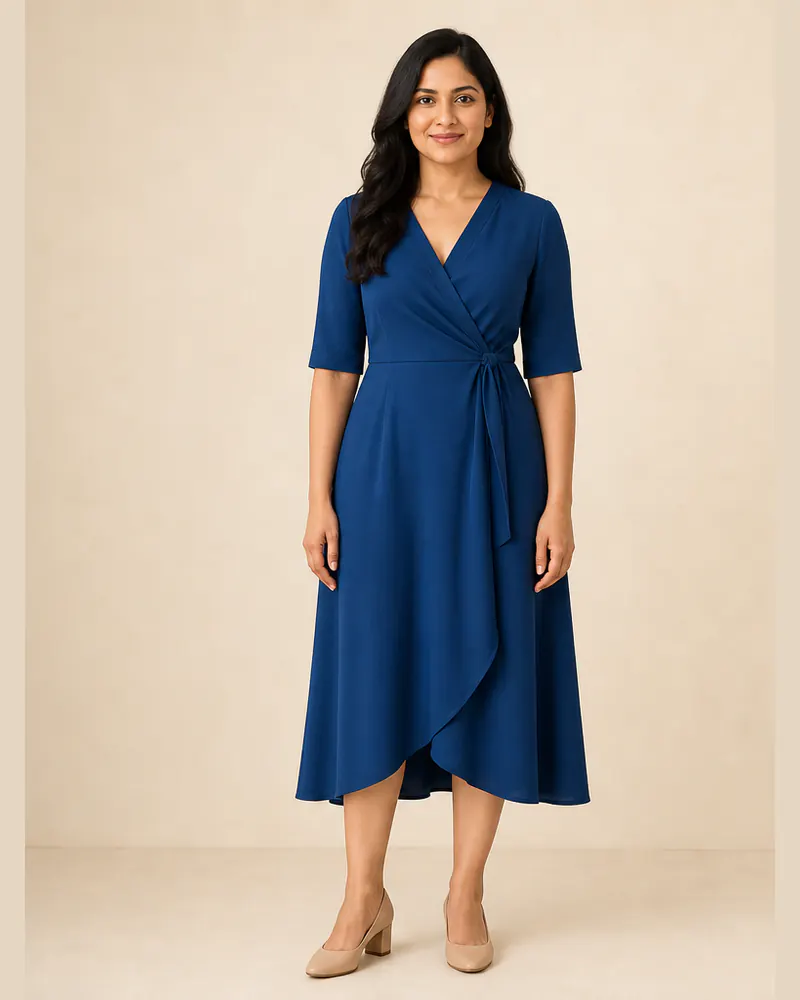 Same woman wearing a sapphire wrap midi wedding guest dress after AI outfit try-on
