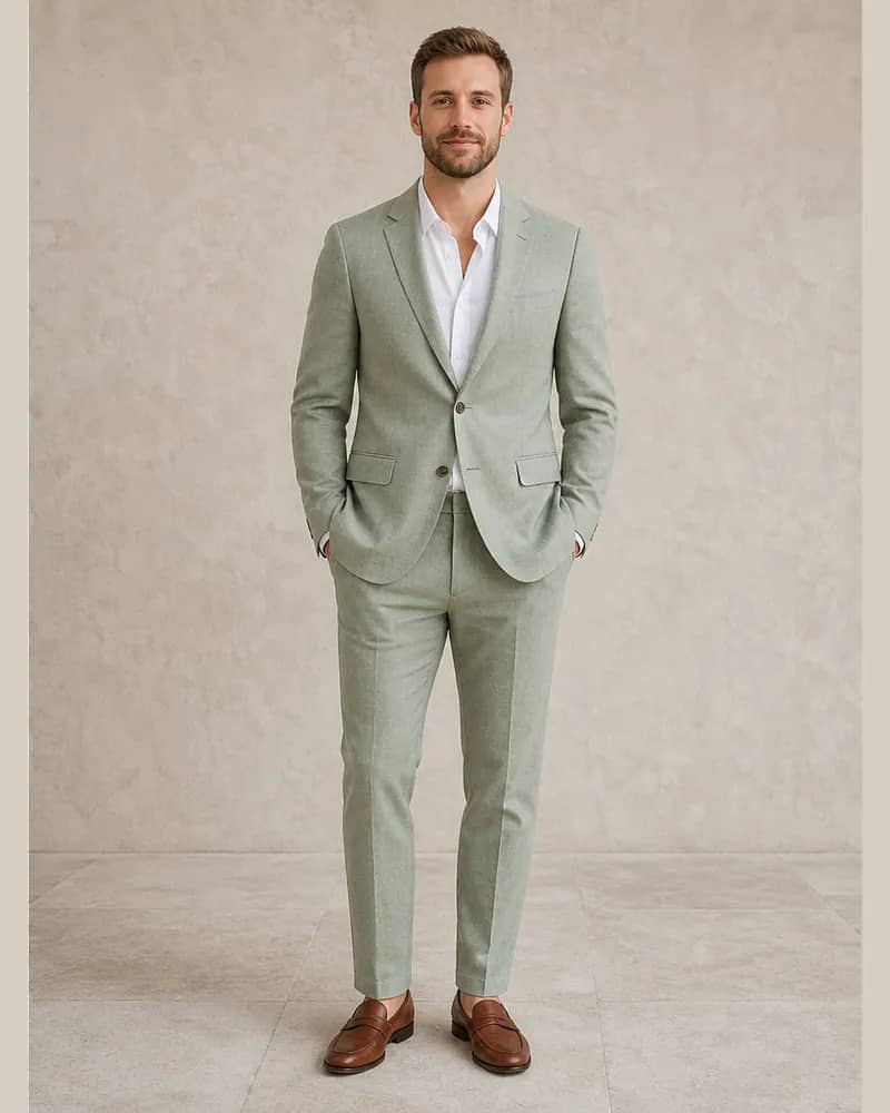 Same man wearing a light-sage wedding guest suit and open-collar shirt after AI try-on