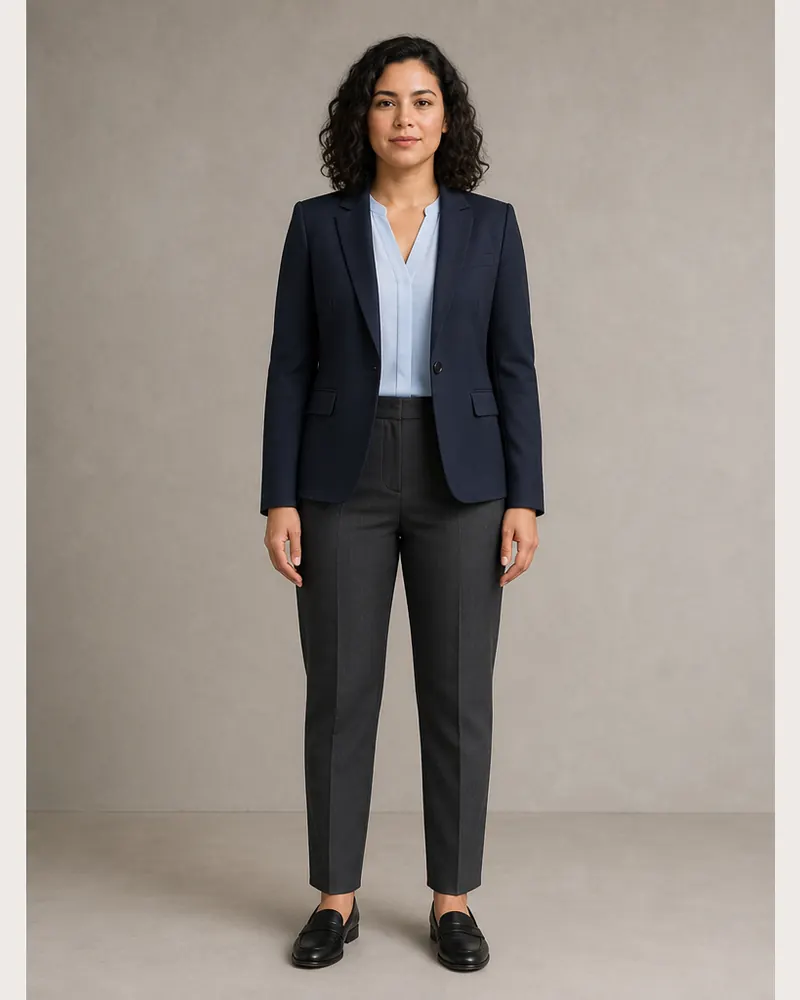 Same woman wearing a navy blazer, pale-blue blouse, and charcoal trousers after AI work outfit try-on