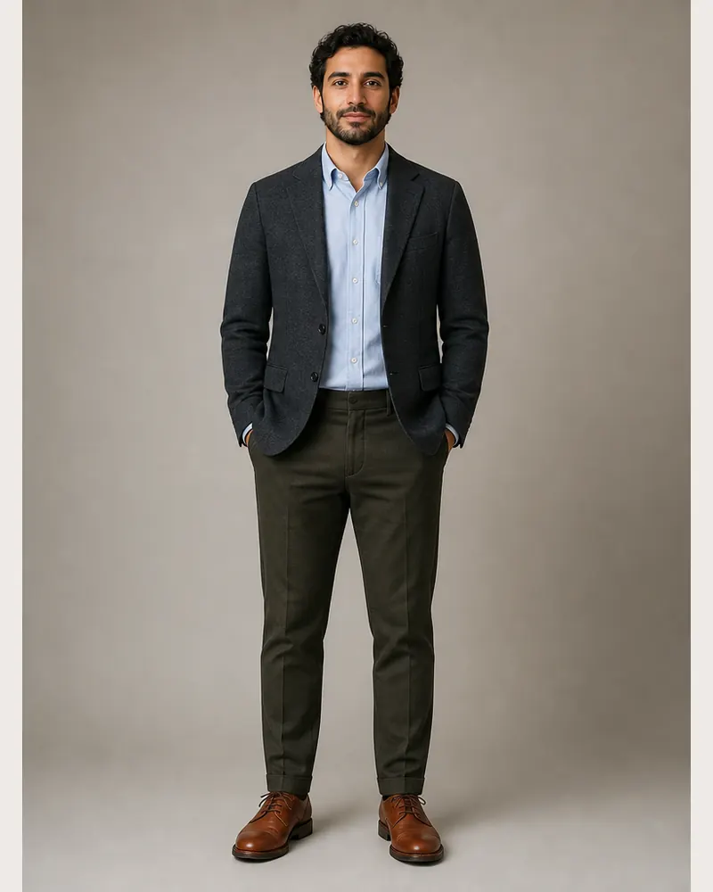 Same man wearing a charcoal blazer, pale-blue Oxford shirt, and olive trousers after AI work outfit try-on