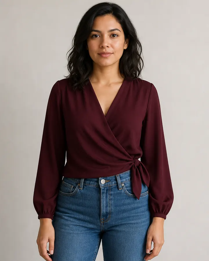 Same woman wearing a burgundy wrap blouse after AI virtual top try-on