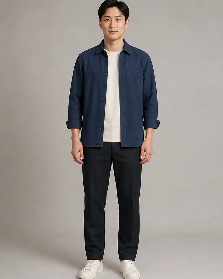 Same man wearing a navy overshirt over a cream T-shirt after AI virtual clothes try-on