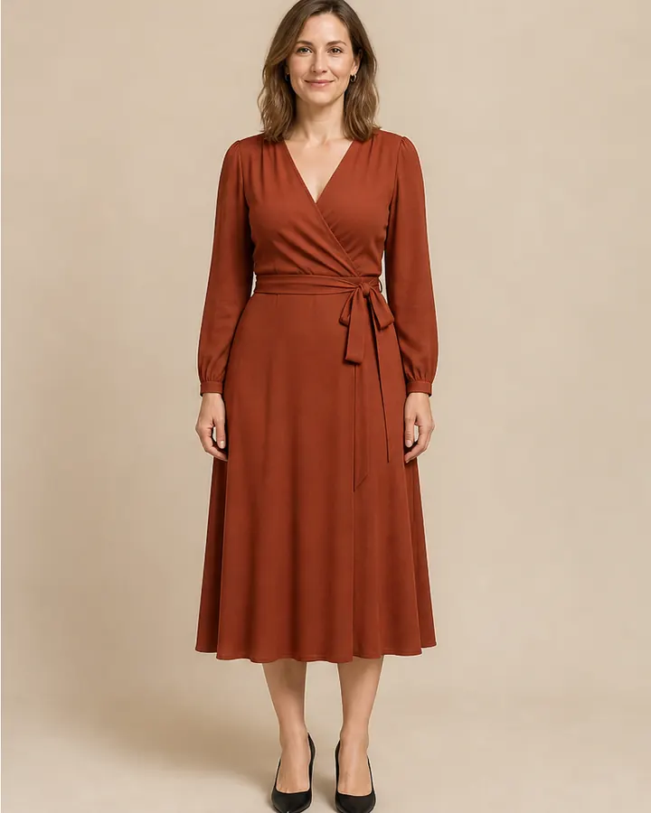 Same woman wearing a rust wrap midi dress after AI virtual clothes try-on