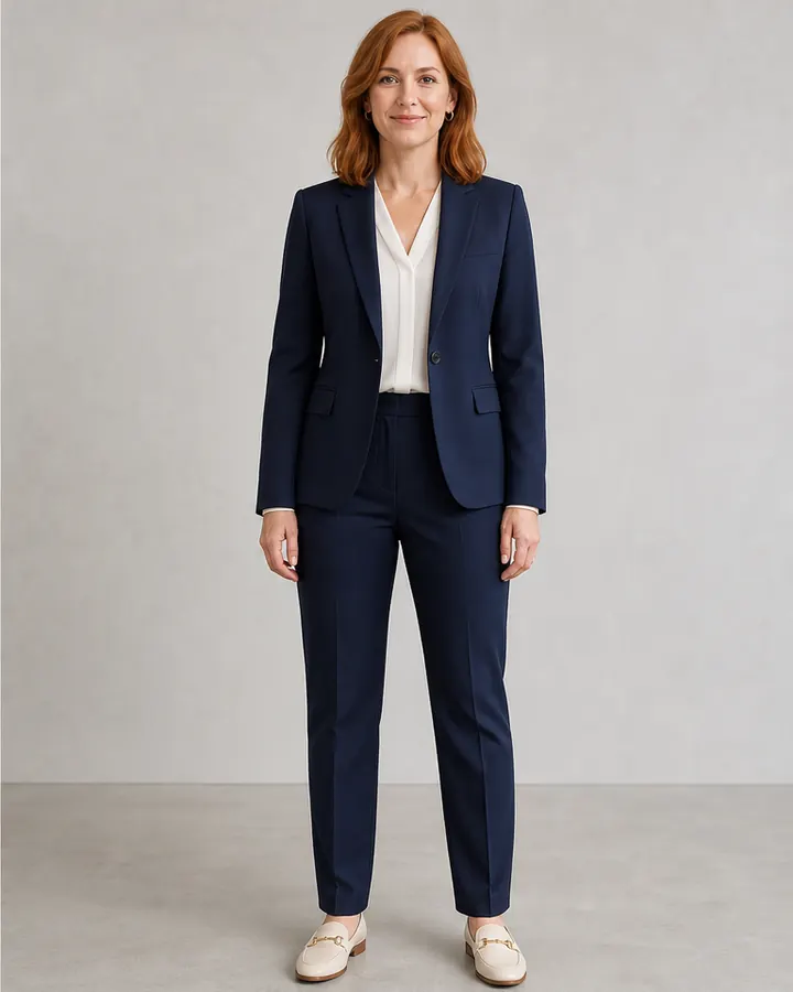 Same woman wearing a navy tailored pantsuit and ivory blouse after AI formal clothes try-on
