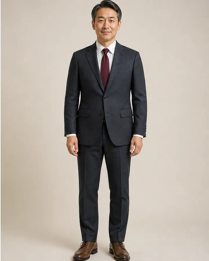 Same man wearing a charcoal suit, white shirt, and burgundy tie after AI formalwear try-on