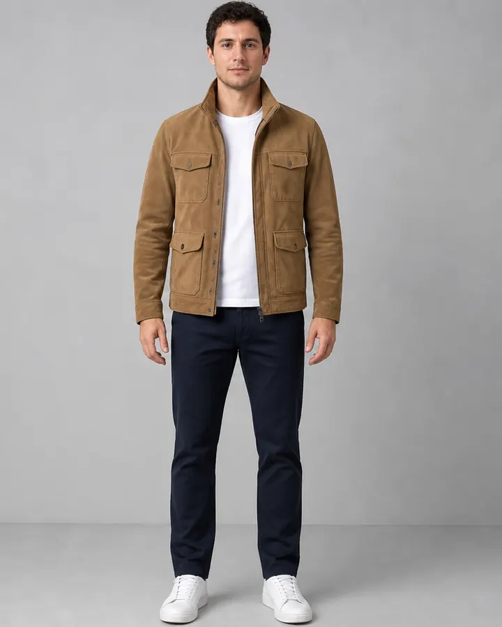 Same man wearing a tan field jacket and navy chinos in a visual outfit preview