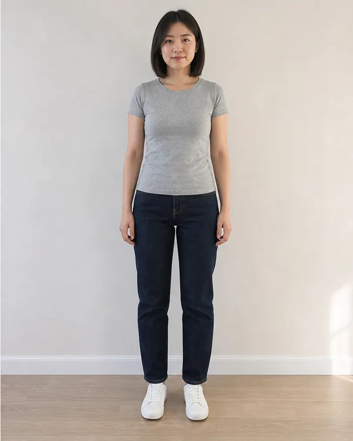 Same woman standing front-facing with visible arms, waist, legs, and shoes in a better try-on photo