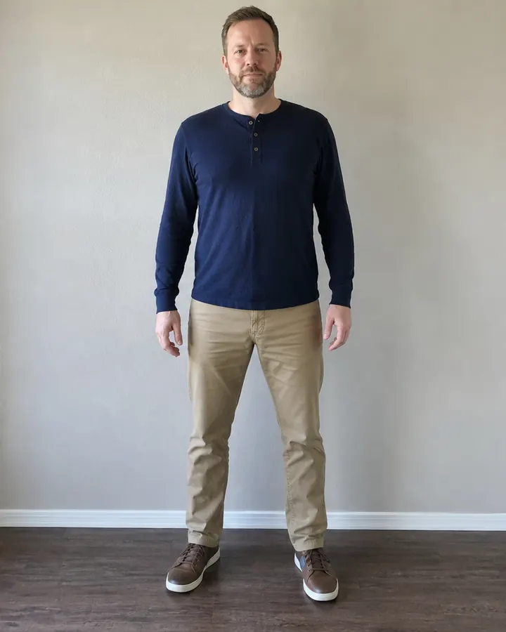 Same man standing front-facing with full body visible in even light for a better virtual try-on