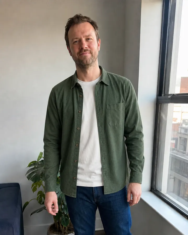 Same man wearing a forest-green Oxford overshirt over an off-white T-shirt