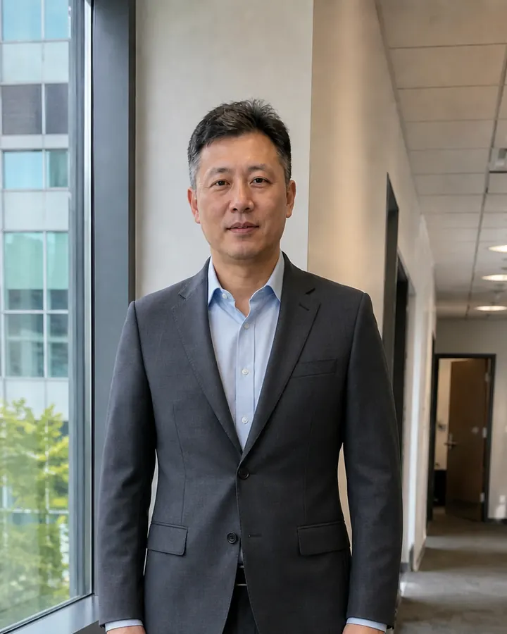 Same man wearing a charcoal business suit with a pale-blue dress shirt