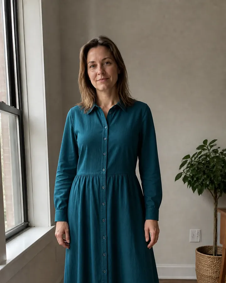 Same woman wearing a deep-teal long-sleeve midi shirt dress with white sneakers