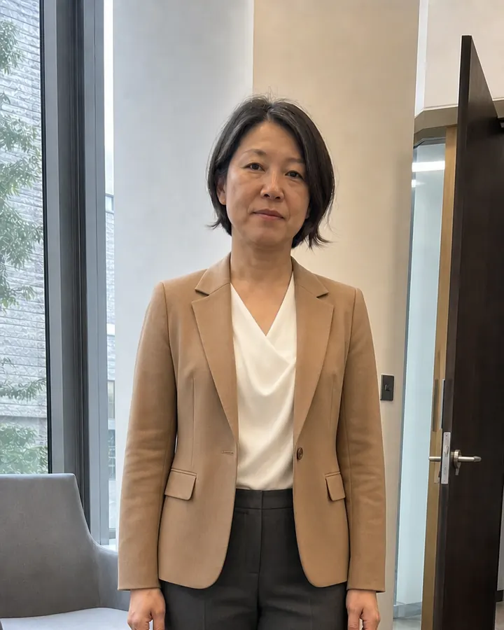 Same woman wearing a camel blazer, ivory blouse, and charcoal tailored trousers
